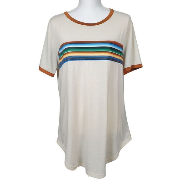 Lucky and Blessed T-Shirt Striped Size Medium Beige Blue Southwestern Santa Fe - Picture 7 of 7
